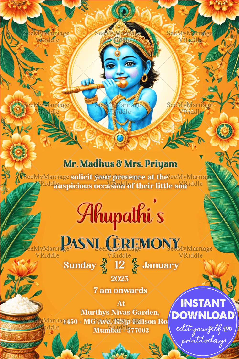 Little Krishna Theme Hindu Pasni Ceremony Invitation with Yellow Color ...