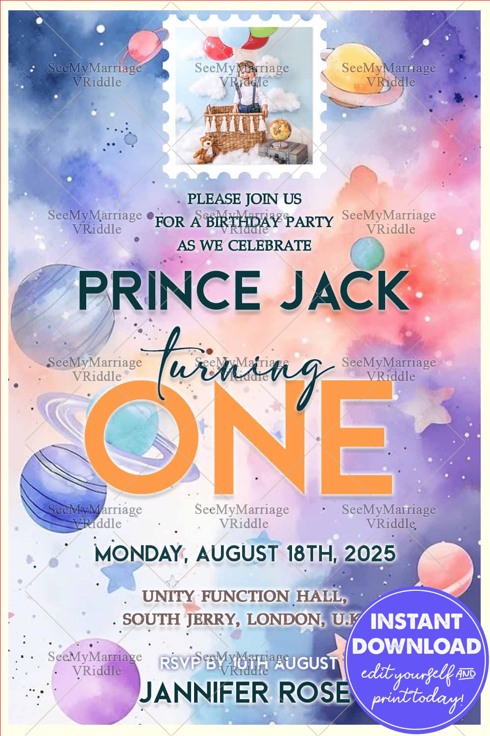 Little Prince's First Birthday Invitation with Planetary Background