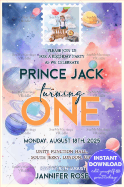 Little Prince's First Birthday Invitation with Planetary Background