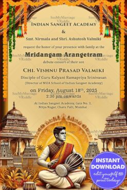 Majestic Mridangam Arangetram Invitation with Temple Architecture and Golden Accents Background