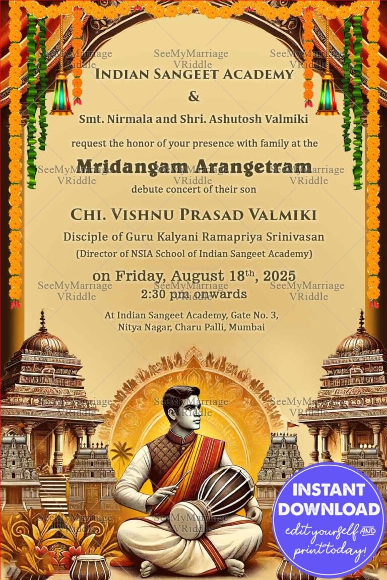 Majestic Mridangam Arangetram Invitation with Temple Architecture and Golden Accents Background