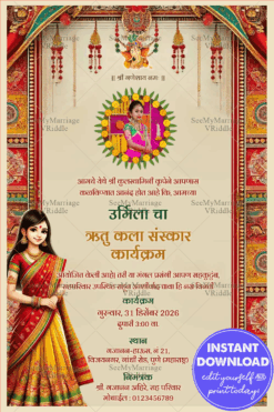 Marathi Half Saree Ceremony Invitation with Floral Frame Theme and Add Photo Background