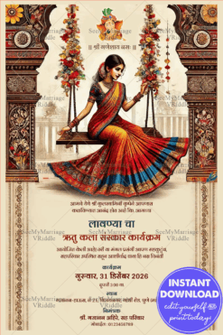 Marathi Half Saree Ceremony Invitation with Floral Theme and ornate patterns Background