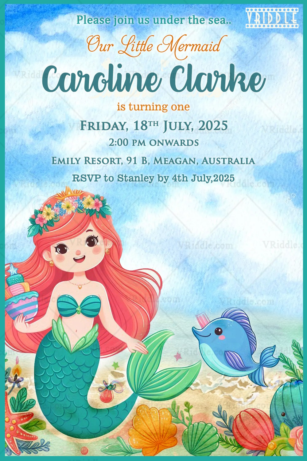 Dive Into Fun, A First Birthday Invitation with Mermaid Theme Background
