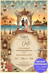 Modern Save The Date Wedding Invitation with Lanterns Lamp Theme and Beachside Background