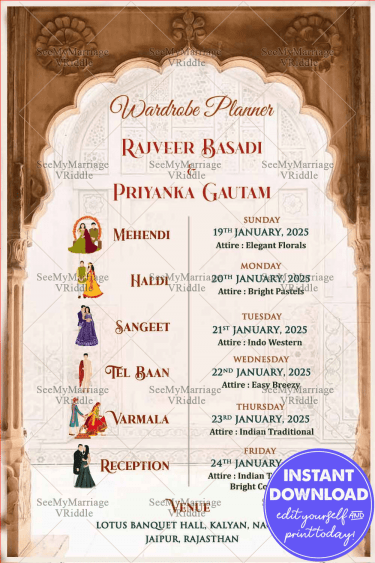 Opulent Rajasthani Wedding Wardrobe Invitation with Golden Arch Background