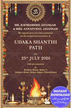 Ornate Hindu Udaka Shanthi Path Invitation with brown Color Theme and Intricate Decorations Background