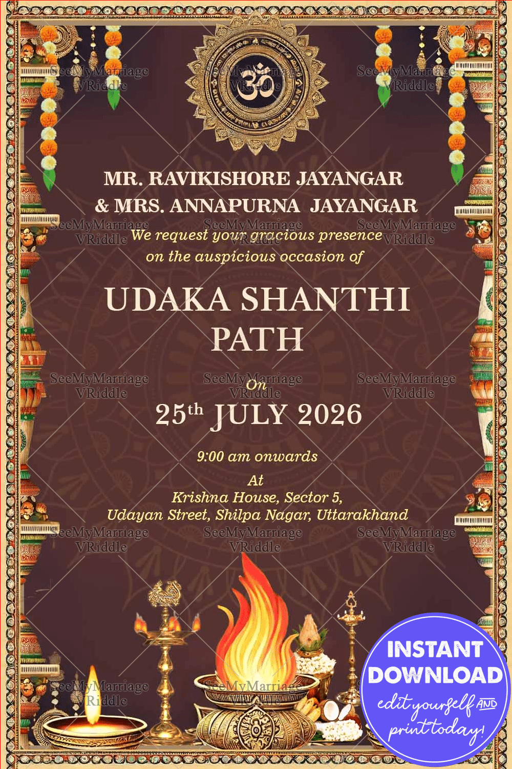 Ornate Hindu Udaka Shanthi Path Invitation with brown Color Theme and Intricate Decorations Background