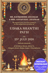 Ornate Hindu Udaka Shanthi Path Invitation with brown Color Theme and Intricate Decorations Background