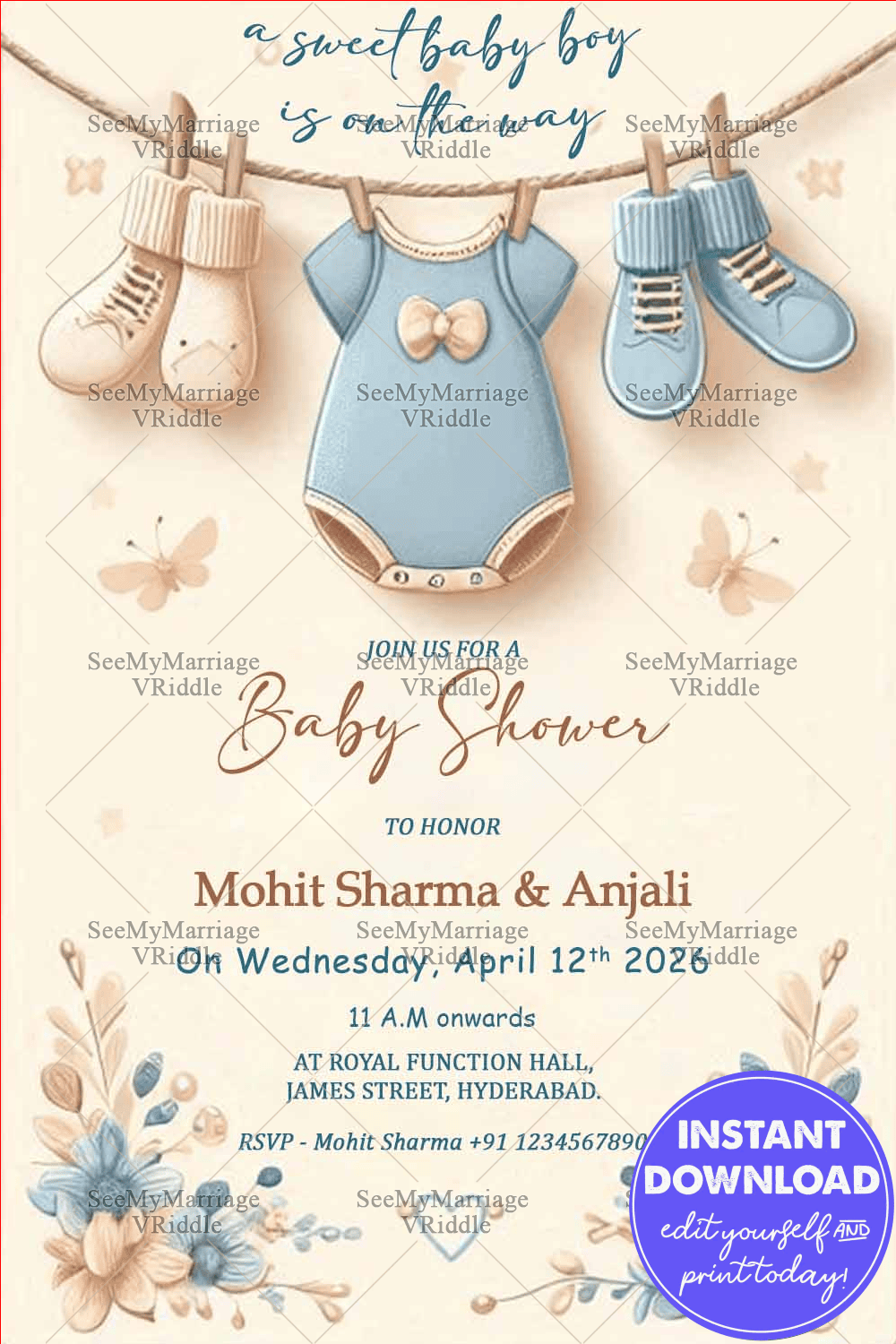 Pastel-Themed Boy Baby Shower Invitation with Floral and Butterfly Motifs Background