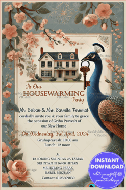 Peacock Key Theme Housewarming Party Invitation