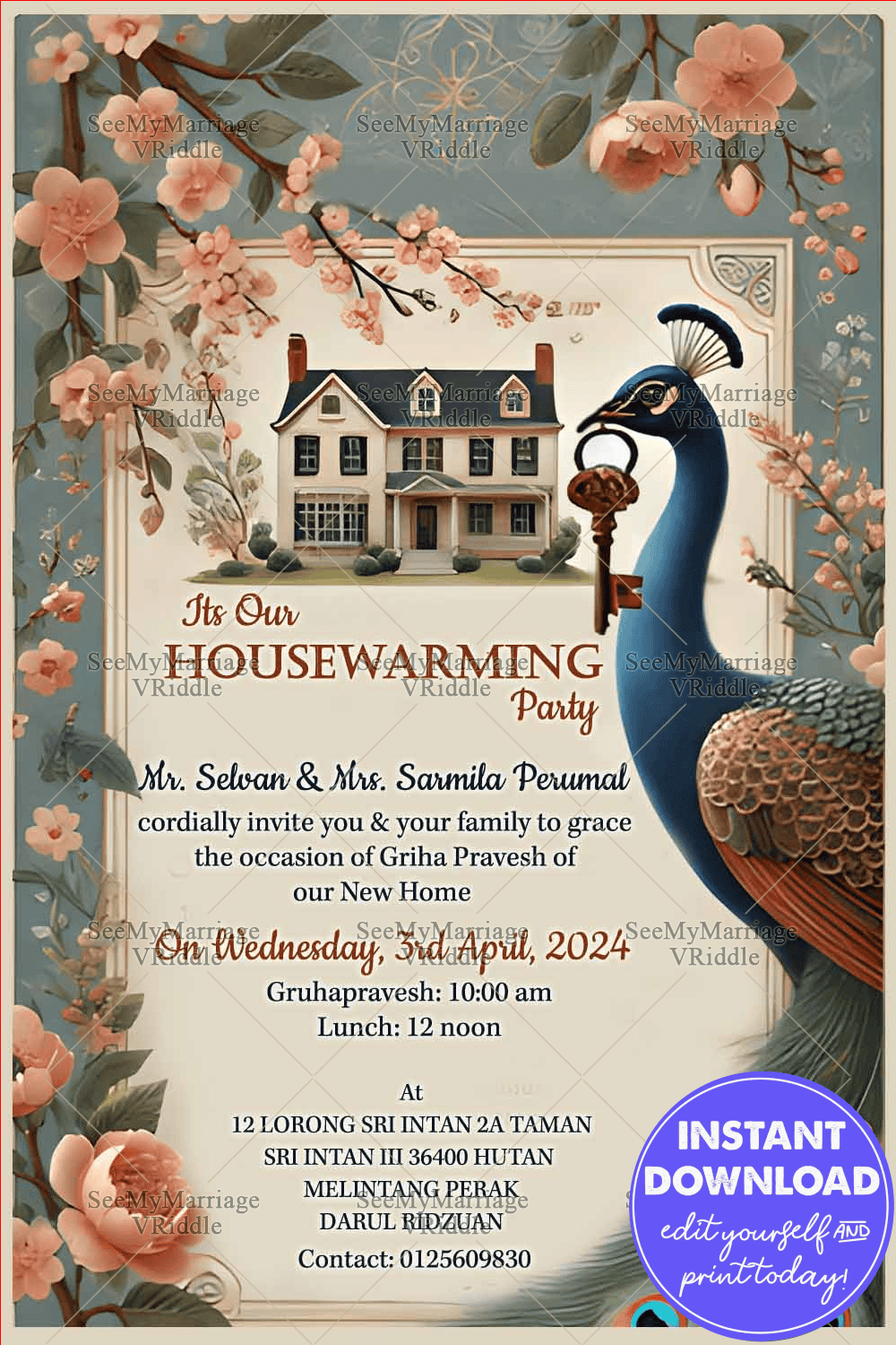 Peacock Key Theme Housewarming Ceremony Party Invitation