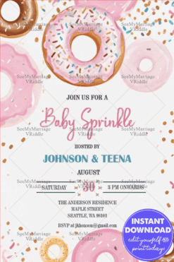 Playful Donut-Themed Baby Sprinkle Invitation with Pink Color Background