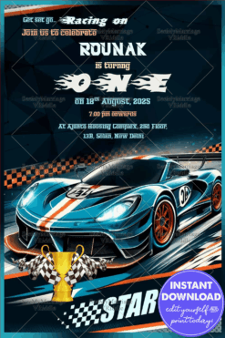 Racing Car Theme First Birthday Invitation