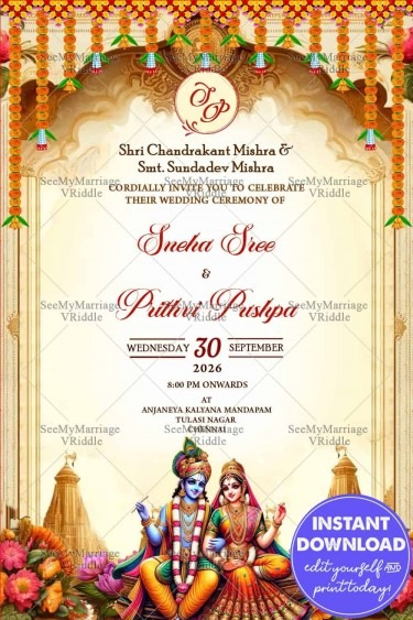 Radha-Krishna Theme Wedding Invitation with Floral Design, Ornamental Golden Pattern Background