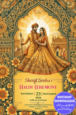 Radiant Haldi Ceremony Invitation with Yellow Color Theme and Floral Designs Background