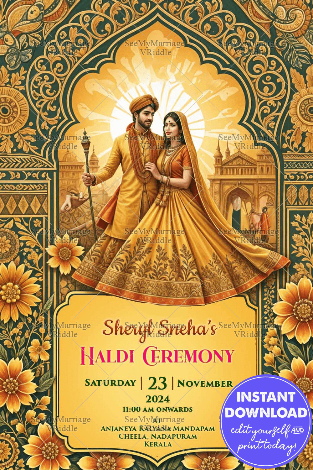 Radiant Haldi Ceremony Invitation with Yellow Color Theme and Floral Designs Background