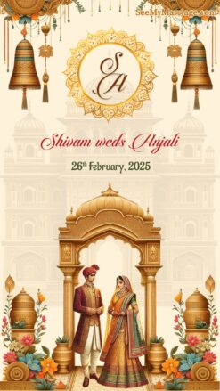 Regal Rajasthani Wedding Invitation with exquisite traditional attire and palace architecture - Haldi, Wedding and Reception events included