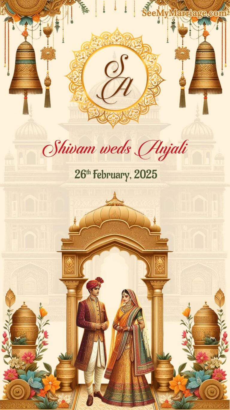 Regal Rajasthani Wedding Invitation with exquisite traditional attire and palace architecture - Haldi, Wedding and Reception events included