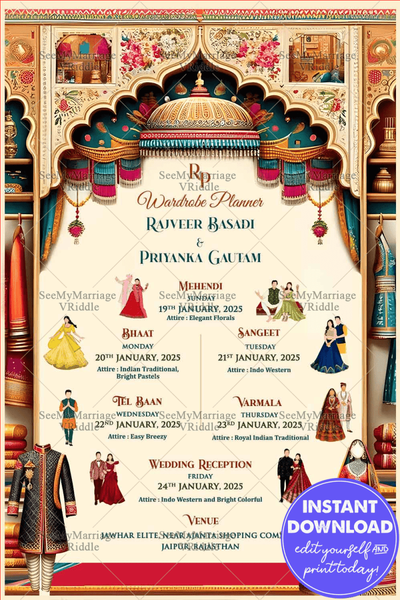 Regal Rajasthani Wedding Wardrobe Planner Invitation – Seemymarriage