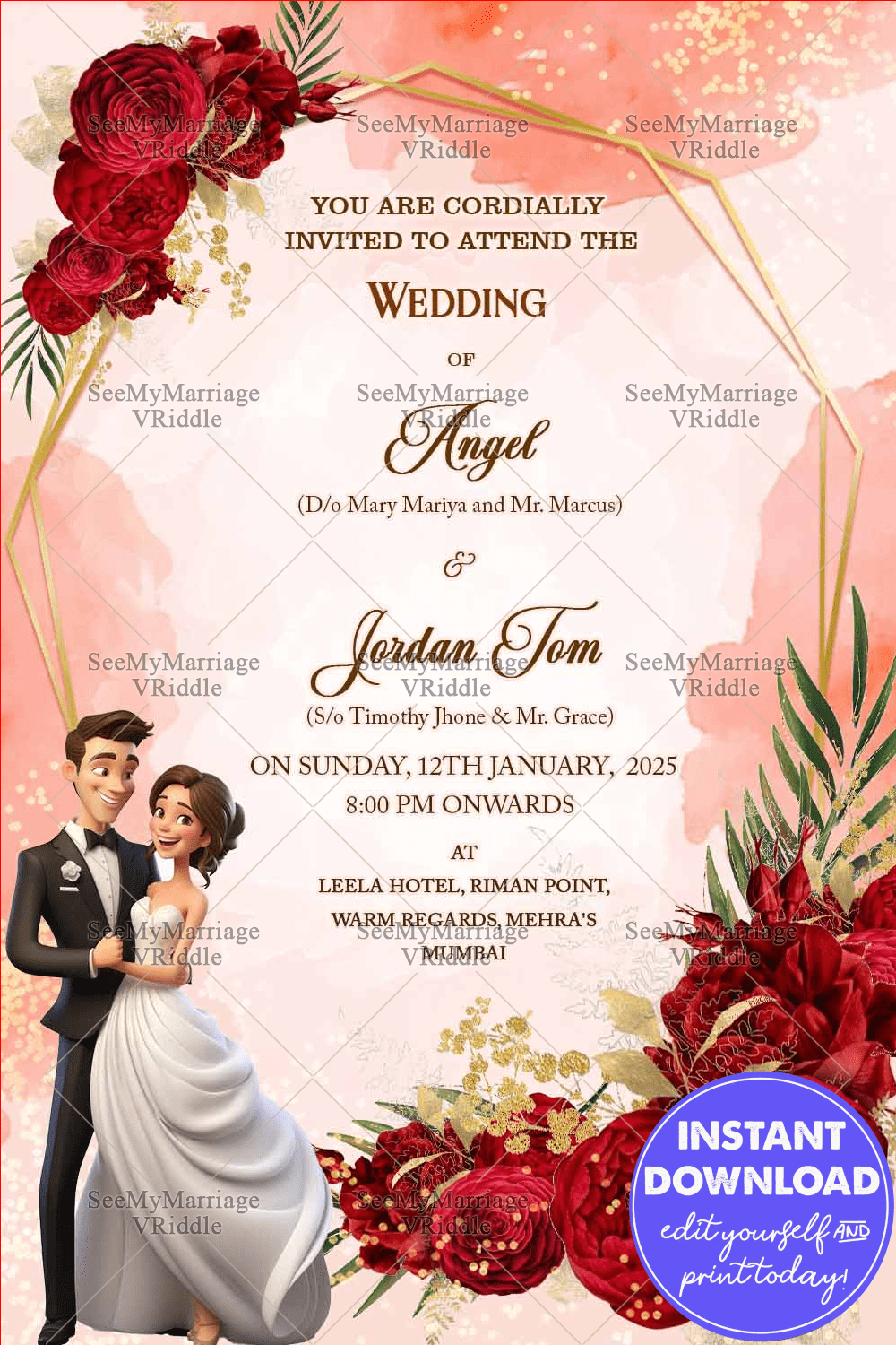 Romantic Christian Wedding Invitation with Red Roses Theme Background