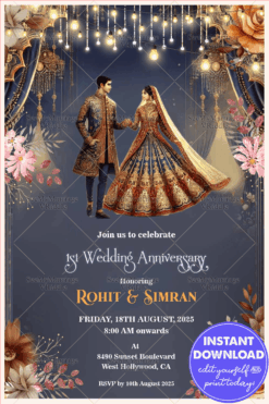 Royal Indian Couple Wedding Anniversary Invitation with Navy Blue Theme and Lanterns Lights Background