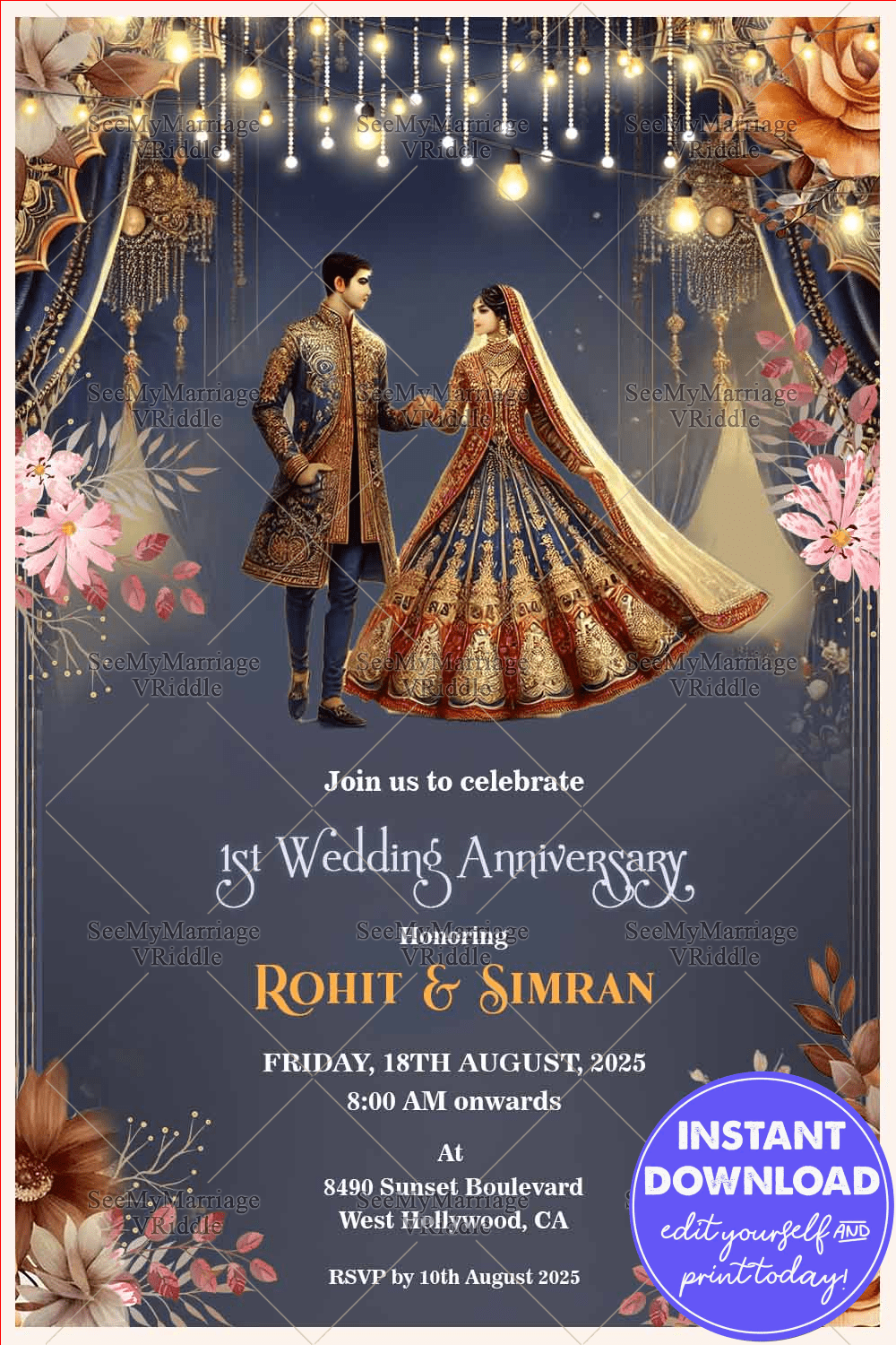 Royal Indian Couple Wedding Anniversary Invitation with Navy Blue Theme and Lanterns Lights Background