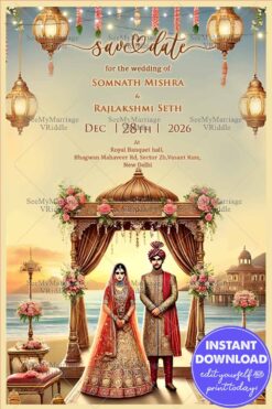 Royal Save The Date Wedding Invitation with Floral Theme and Beachside Scenery Background