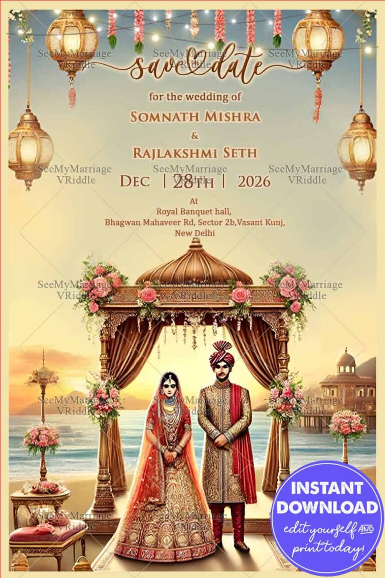 Royal Save The Date Wedding Invitation with Floral Theme and Beachside Scenery Background