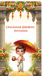 Sacred Upanayanam Invitation Video with Ornate Arch Design and Floral Theme Background