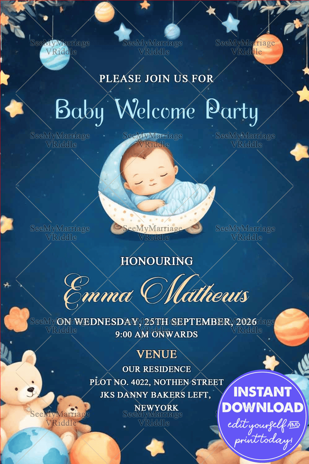 Serene Sky Baby Welcome Party Invitation with Teddy Bears Theme Background