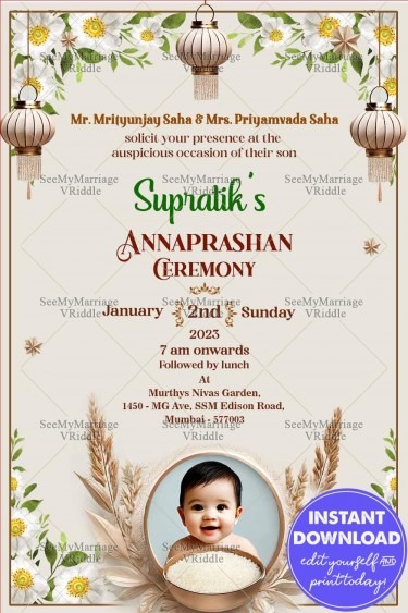 Serene White-Themed Annaprashan Ceremony Invitation with Add Photo ...