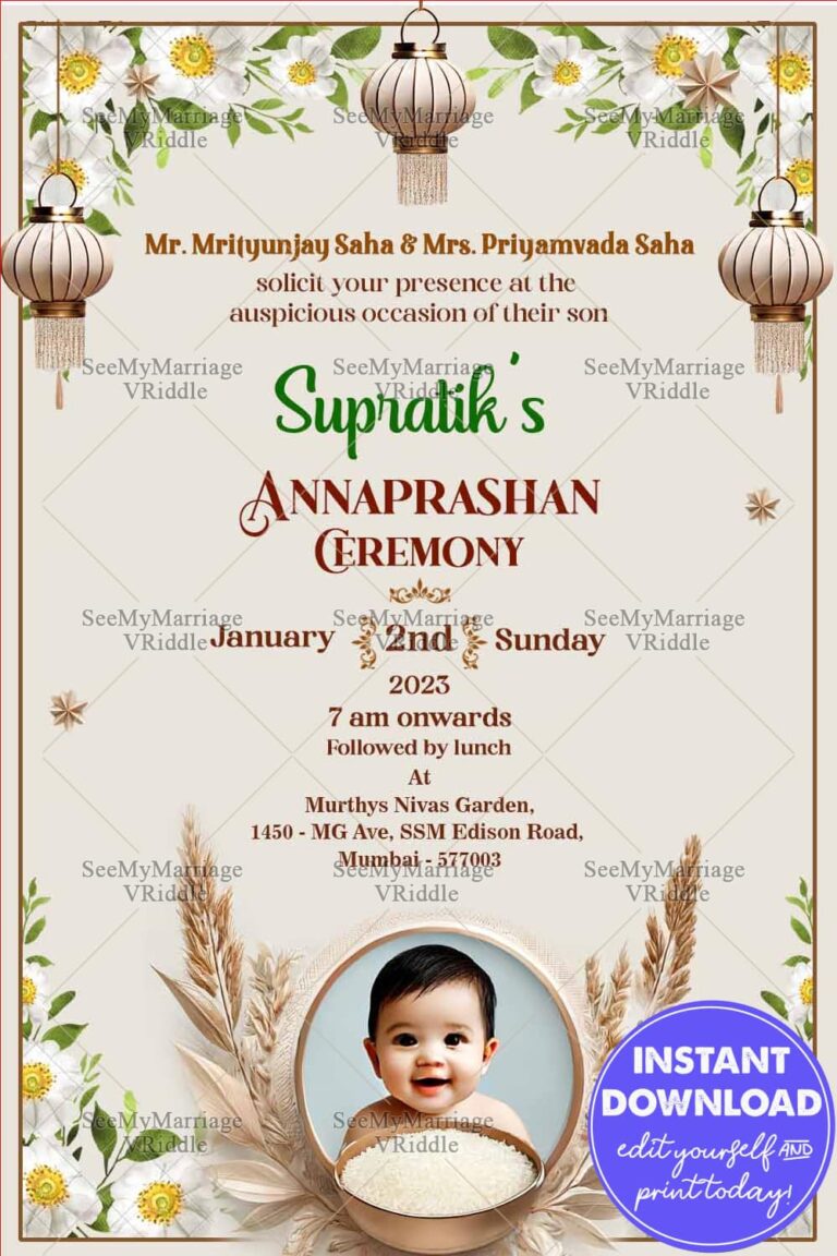 Serene White-Themed Annaprashan Ceremony Invitation with Add Photo Background