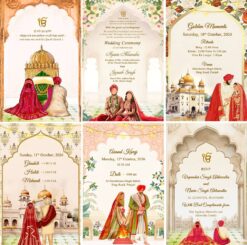 Red and Gold Sikh Wedding Invitation PDF for Wedding, Doli, Haldi, Ghadoli, Mehendi, Anand Karaj events