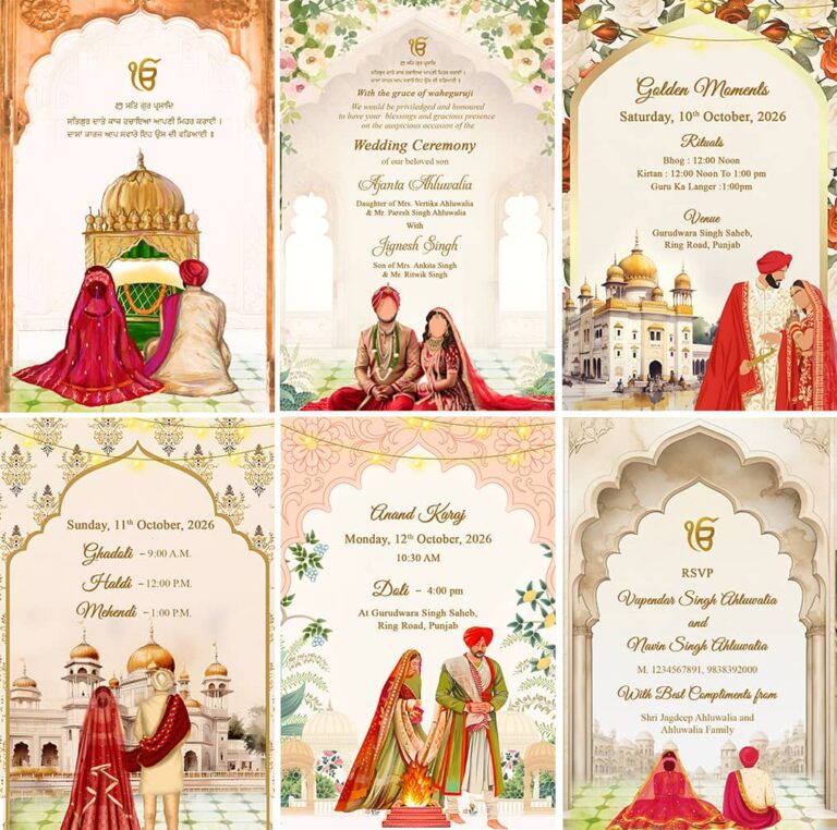 Red and Gold Sikh Wedding Invitation PDF for Wedding, Doli, Haldi, Ghadoli, Mehendi, Anand Karaj events