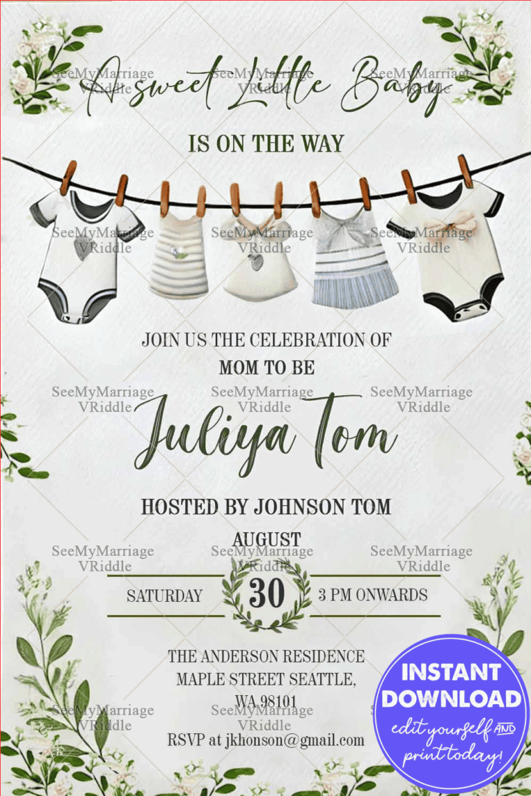 Simple Theme Baby Shower Invitation with White Blossoms and Greenery Background