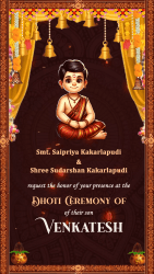 South Indian Dhoti Ceremony Invitation with Deep Maroon Color Theme and Golden Curtain Background