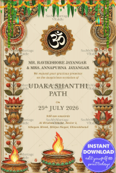 Spiritual Hindu Udaka Shanthi Path Invitation with Floral Theme and Golden Medallion Background