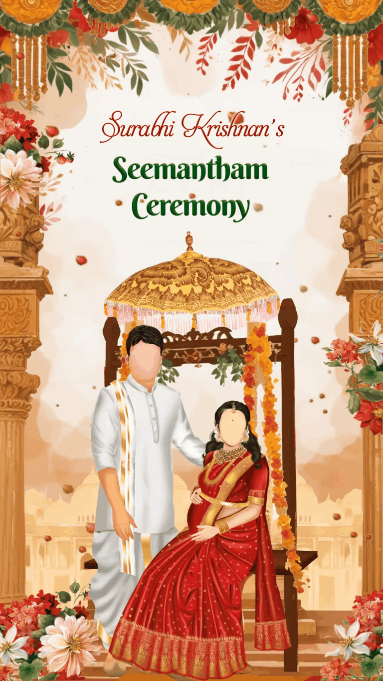 Traditional Seemantham Ceremony Invitation in Red and Gold theme with Parents to be caricatures