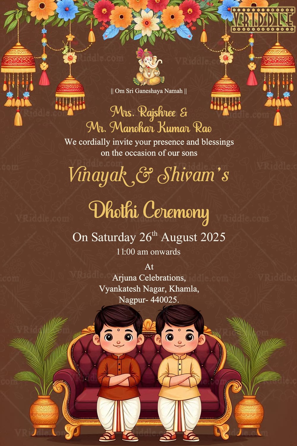 Traditional Dhoti Ceremony Invitation With Floral Hanging Theme 