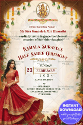 Traditional Elegance, Half Saree Invitation with Red and Gold Accents Theme