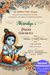 Traditional Hindu Pasni Ceremony Invitation with Little Krishna Theme and Floral Patterns background