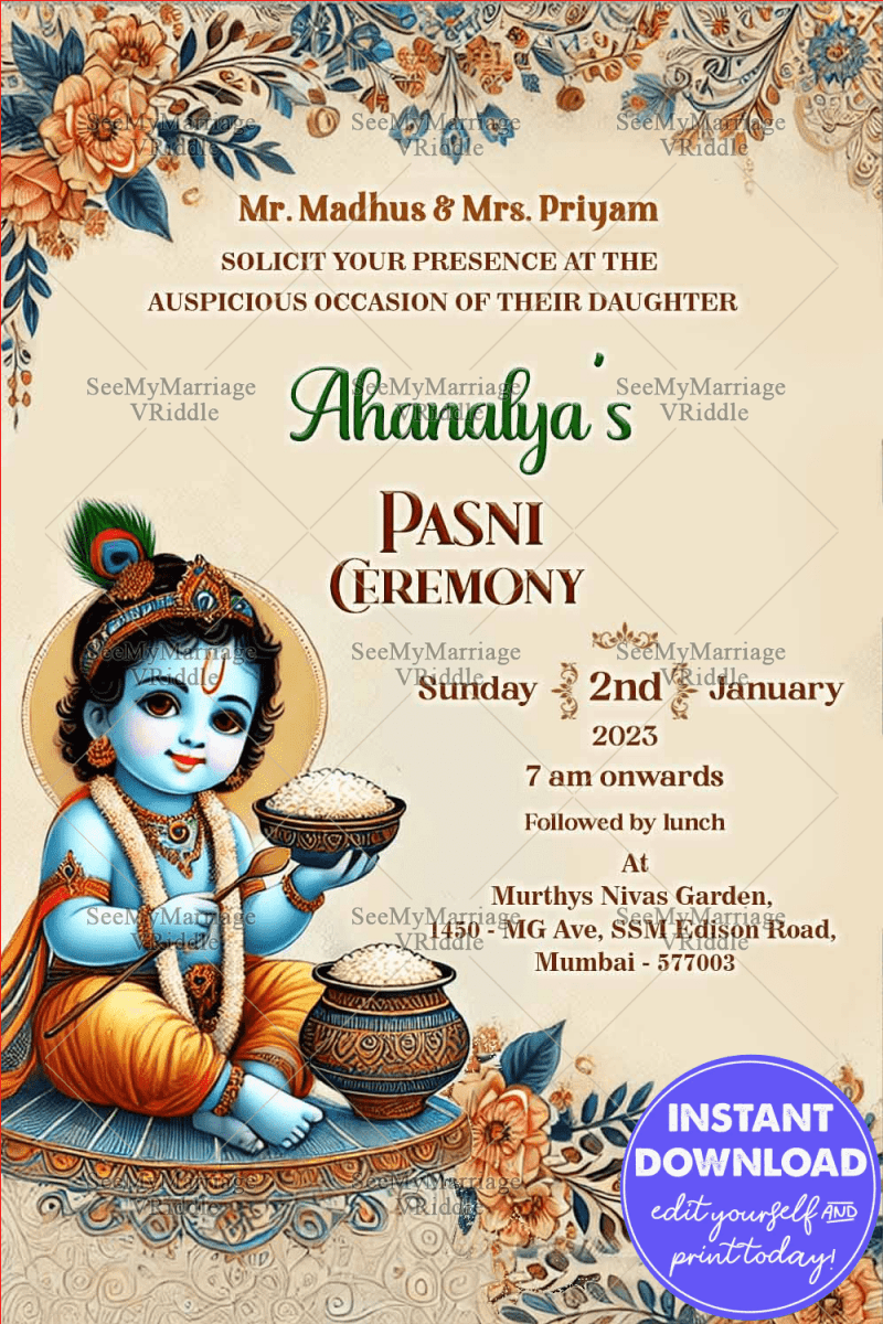 Traditional Hindu Pasni Ceremony Invitation with Little Krishna Theme ...