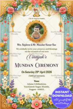 Traditional Mundan Ceremony Invitation with Floral Patterns Theme and Add Photo Background