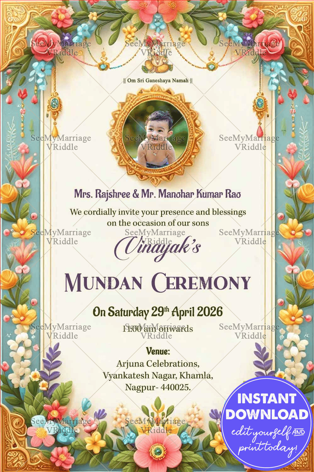 Traditional Mundan Ceremony Invitation with Floral Patterns Theme and Add Photo Background