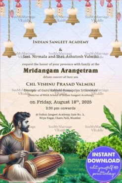 Traditional and Artistic Mridangam Arangetram Invitation with Lush Greenery and Lotus Flowers Theme background