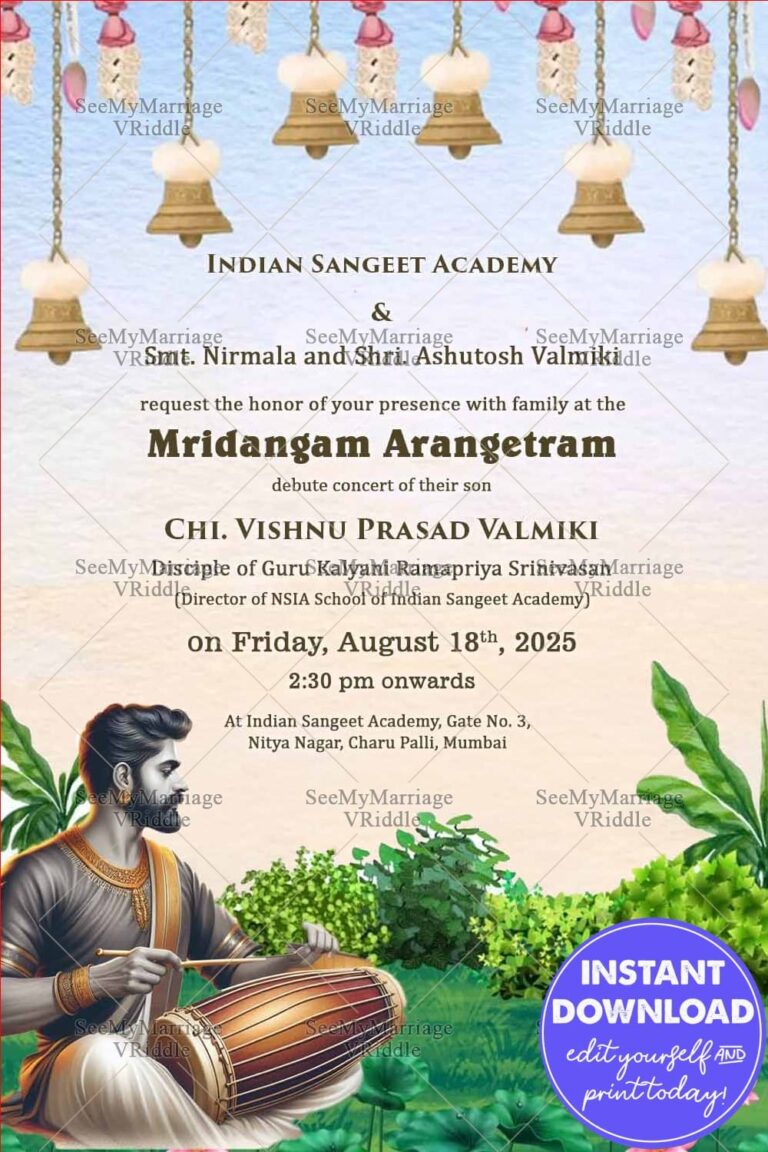 Traditional and Artistic Mridangam Arangetram Invitation with Lush Greenery and Lotus Flowers Theme background