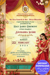 Traditional and Festive Half Saree Ceremony Invitation with Floral Theme Background