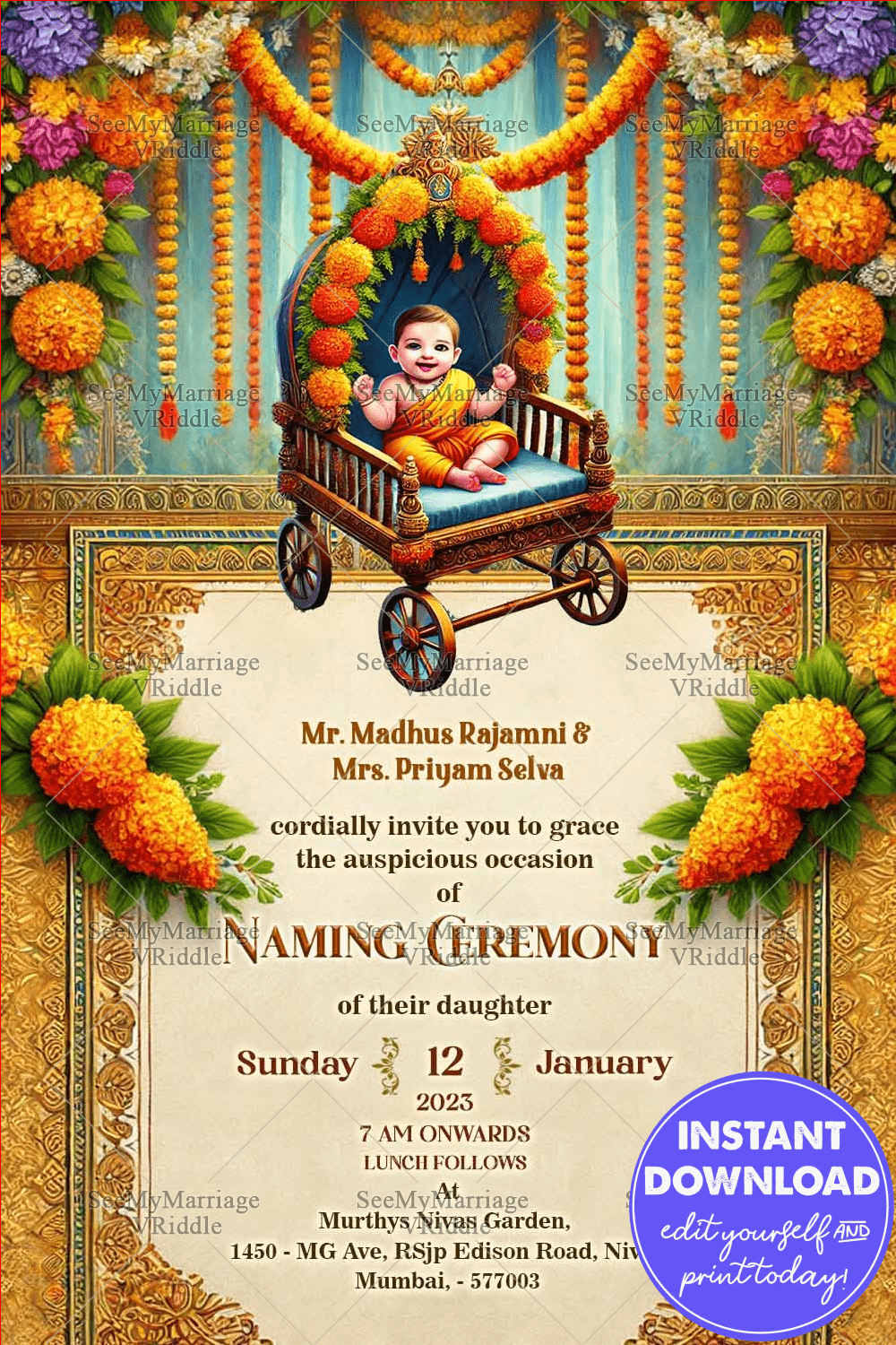 Traditional and Festive Naming Ceremony Invitation with Marigold Garlands Theme and Ornate Cradle Design Background