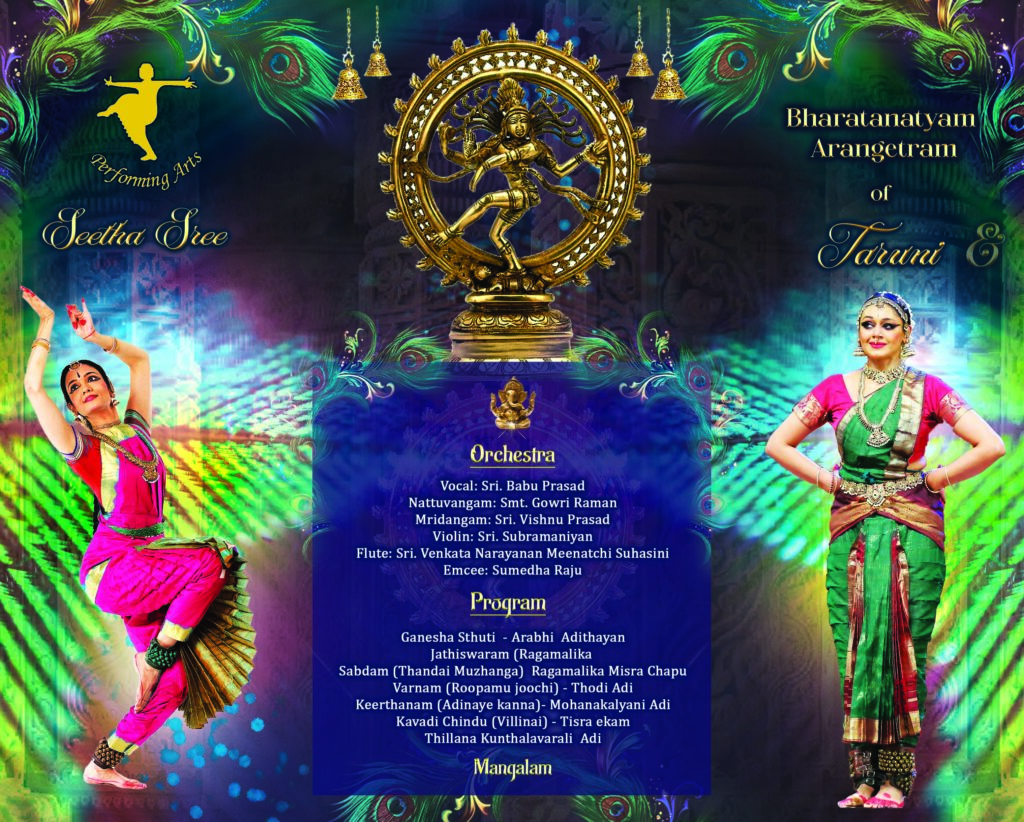 Traditional and Vibrant Bharatanatyam Arangetram Brochures with Peacock Theme Background